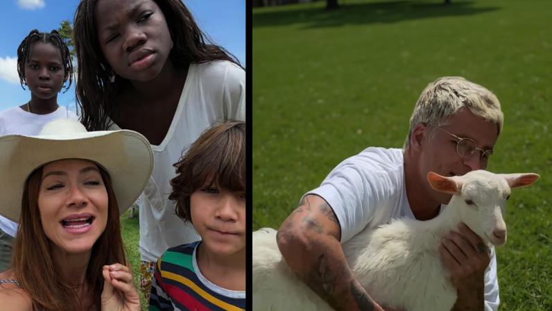 À esquerda, quatro crianças de diferentes etnias posam juntas ao ar livre sob céu azul com nuvens. À direita, homem de cabelo claro e tatuagens segura cabra branca em gramado verde.