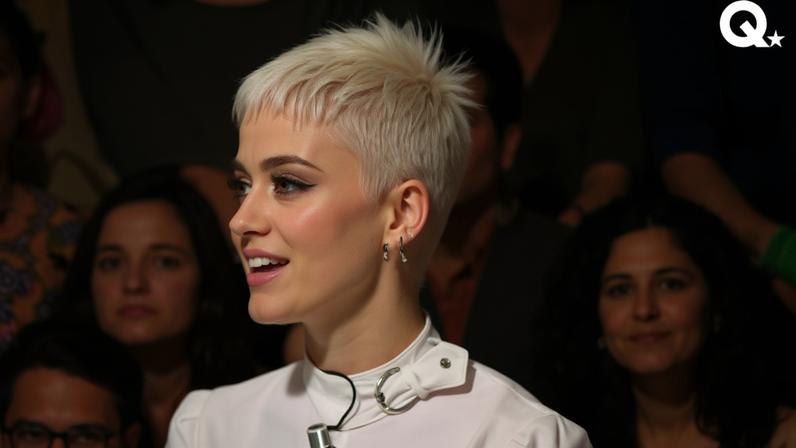 Mulher de cabelo curto platinado e roupa branca sorri enquanto participa de programa de TV. Ao fundo, público atento com diversas expressões e roupas coloridas.