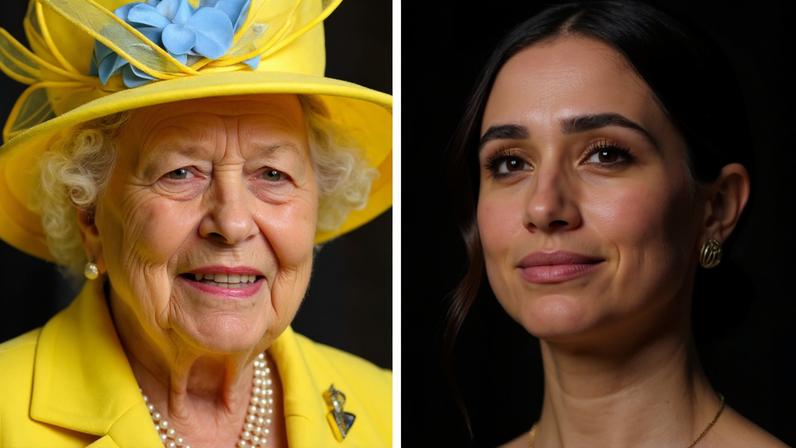 A Rainha Elizabeth II (1926-2022) e a atriz e Duquesa Meghan Markle — Foto: Getty Images