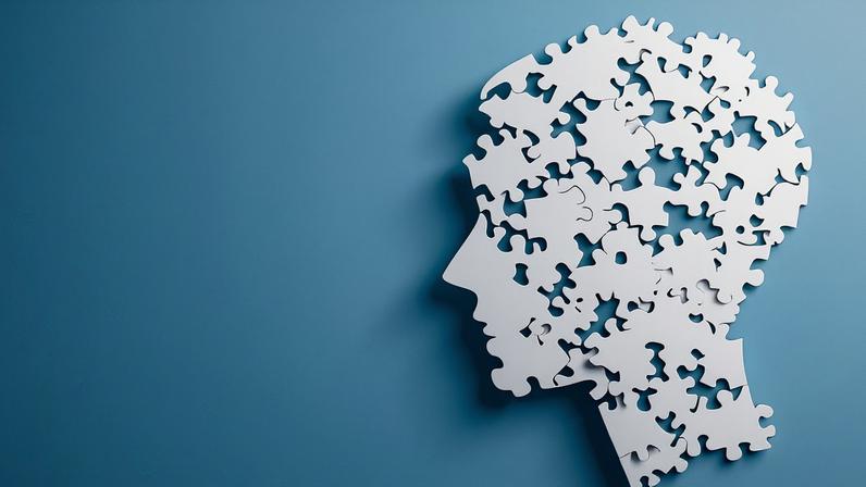 Perfil de cabeça humana formado por peças de quebra-cabeça brancas sobre fundo azul claro. Algumas peças estão faltando, sugerindo incompletude ou complexidade mental.