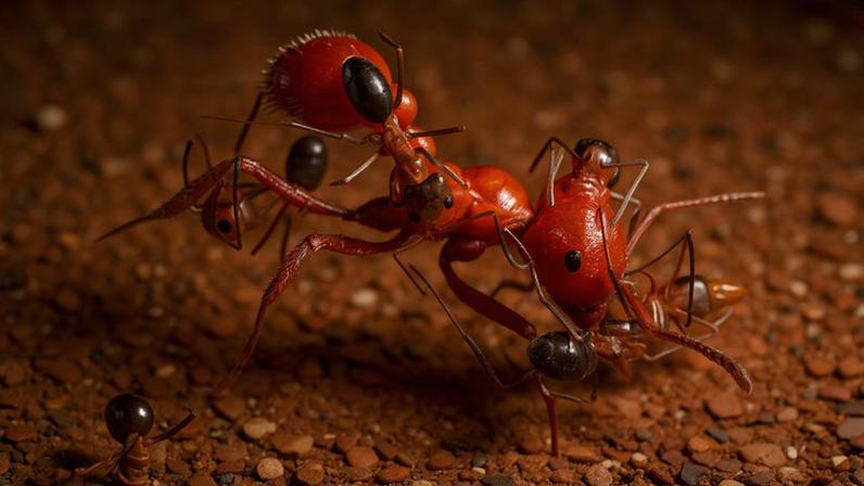 Formigas menores (Dorymyrmex medeis) sobre o corpo de uma formiga-ceifeira-vermelha (Pogonomyrmex barbatus) em Portal, no Arizona