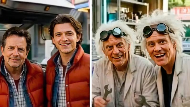 Tom Holland e Jim Carrey foram sugeridos como substitutos de Michael J. Fox e Christopher Lloyd em vídeo de IA sobre remake de De Volta para o Futuro — Foto: Reprodução/IA