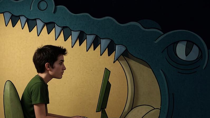 Ilustração mostra uma pessoa de perfil sentada em cadeira verde, digitando em um computador, enquanto está dentro da boca aberta de um crocodilo azul com dentes afiados.