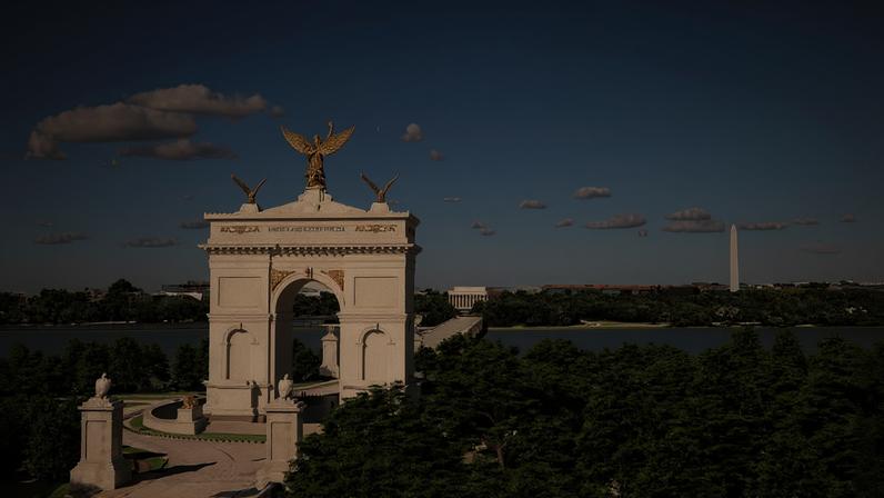 Simulação de como seria o arco proposto por Trump, à beira do rio Potomac, em Washington