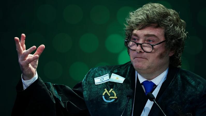 O presidente argentino, Javier Milei, discursa durante cerimônia em que recebeu título de Doutor Honoris Causa na Universidade Bar-Ilan, em Israel