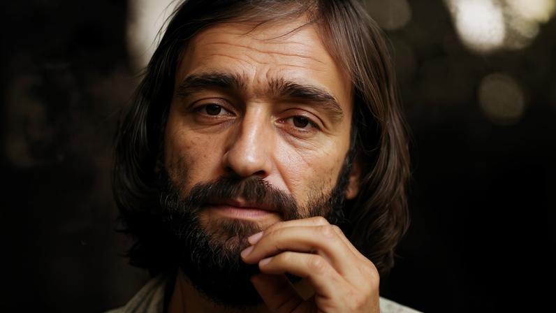 Homem jovem com barba e cabelo médio olha diretamente para a câmera em ambiente externo desfocado. Ele segura a mão próxima ao rosto, com expressão neutra.