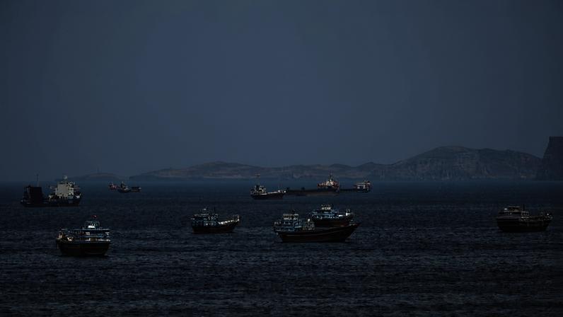 Dez navios de diferentes tamanhos estão ancorados em águas calmas próximas a uma costa com colinas ao fundo sob céu claro.