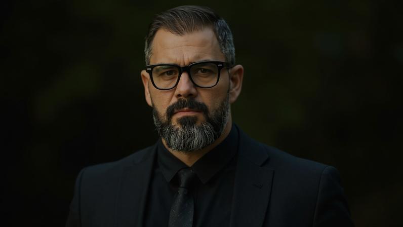 Homem de barba e óculos escuros veste terno preto e gravata cinza, posando ao ar livre com fundo desfocado. Texto sobreposto diz: 'Ele sabia que ia apanhar. E criou esse evento mesmo assim.'