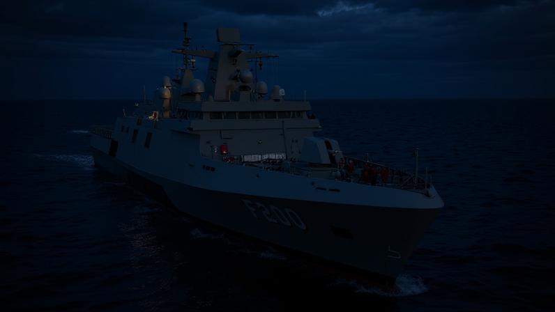 A fragata brasileira F200 Tamandaré, que será entregue à Marinha, durante testes no mar