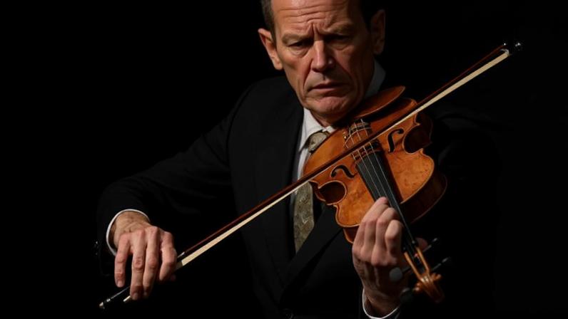 Homem vestido com terno escuro toca violino com expressão concentrada. Fundo preto destaca o instrumento e as mãos do músico.