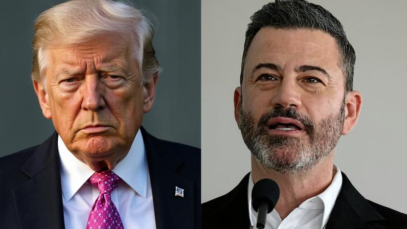 Montagem de Donald Trump (à esquerda) e o apresentador de televisão Jimmy Kimmel