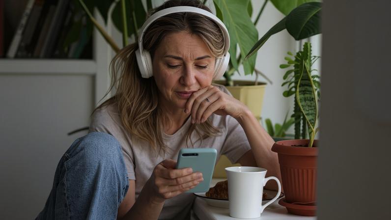Uma foto de banco de imagens de uma jovem loira usando fones de ouvido brancos e olhando para o celular