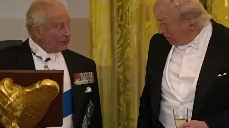 O instante no qual Donad Trump pergunta ao Rei Charles III se ele está bêbado, durante jantar na Casa Branca em 28 de abril, segundo especialista em leitura labial — Foto: Reprodução