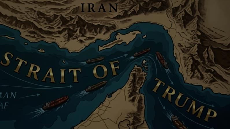Imagem do estreito de Hormuz renomeado para 'estreito de Trump'