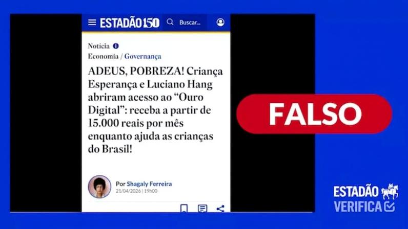 Luciano Hang e Criança esperança não inauguraram projeto de rendimentos financeiros; imagem imita identidade visual do Estadão