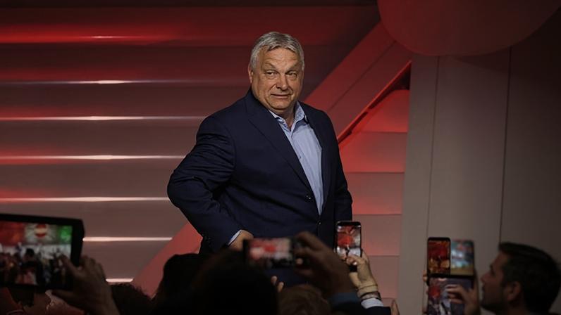 Viktor Orbán arrives to address supporters after the announcement of the partial results of parliamentary election in Budapest, Hungary.