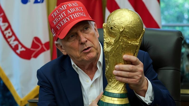Donald Trump with the World Cup trophy in the Oval Office last year.