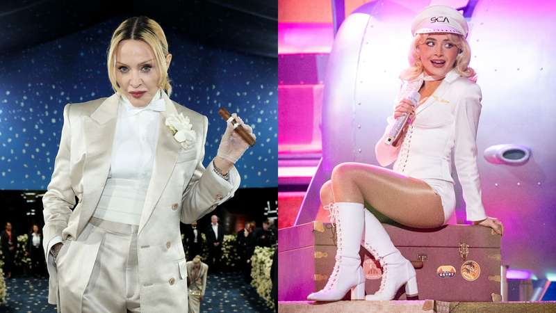 Madonna e Sabrina Carpenter (Fotos: Kevin Mazur/MG25/Getty Images for The Met Museum/Vogue e Emma McIntyre/Getty Images for The Recording Academy)