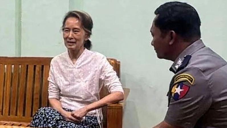 This undated handout photo from the Myanmar military information team, released on 30 April, 2026, shows Aung San Suu Kyi talking in an undisclosed location.