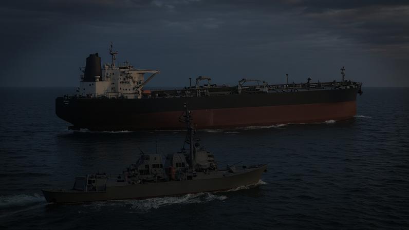 Imagem do destróier de mísseis guiados USS Rafael Peralta e de um navio com bandeira iraniana tentando navegar até um porto no Irã na sexta-feira (24)