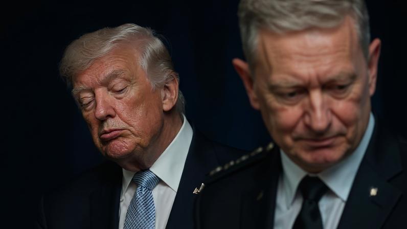 US President Donald Trump (L) looks on as Chairman of the Joint Chiefs of Staff General Dan Caine (R) speaks about the conflict in Iran in the James S. Brady Press Briefing Room of the White House on April 6, 2026, in Washington, DC. (Photo by Kent Nishimura / AFP)