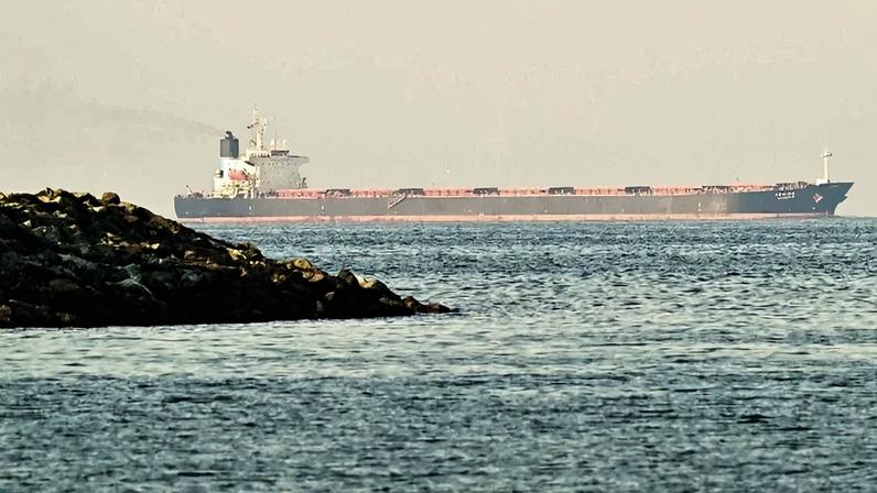 Um navio cargueiro é fotografado ao largo da cidade costeira de Fujairah, no Estreito de Ormuz, no emirado do norte, em 25 de fevereiro de 2026 - (crédito: GIUSEPPE CACACE / AFP)