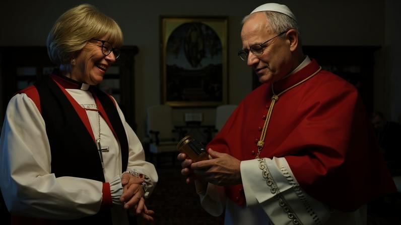 Papa Leão XIV troca presentes com Sarah Mullally, Arcebispa de Canterbury, no Vaticano. - (crédito: SIMONE RISOLUTI / VATICAN MEDIA / AFP)