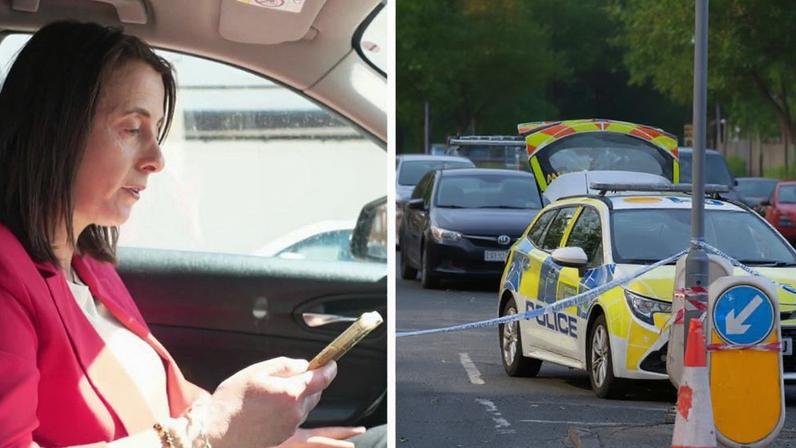 A split screen image of Lucy Manning on the phone and police cars in Golders Green