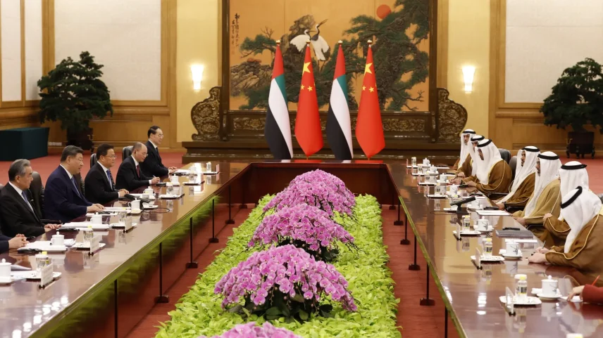Xi Jinping, second from left, and Abu Dhabi Crown Prince Sheikh Khaled bin Mohammed, third from right, meet in Beijing on April 14.