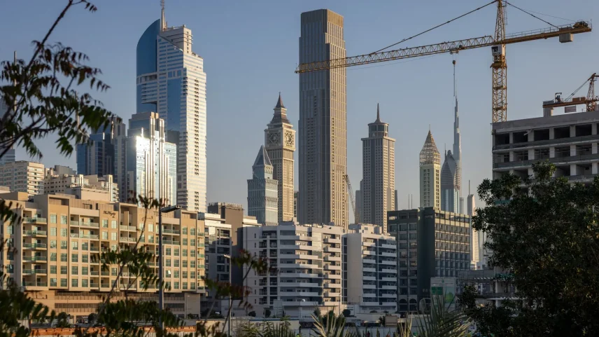 A construction crane near residential buildings in Dubai, on Feb. 20, 2026.