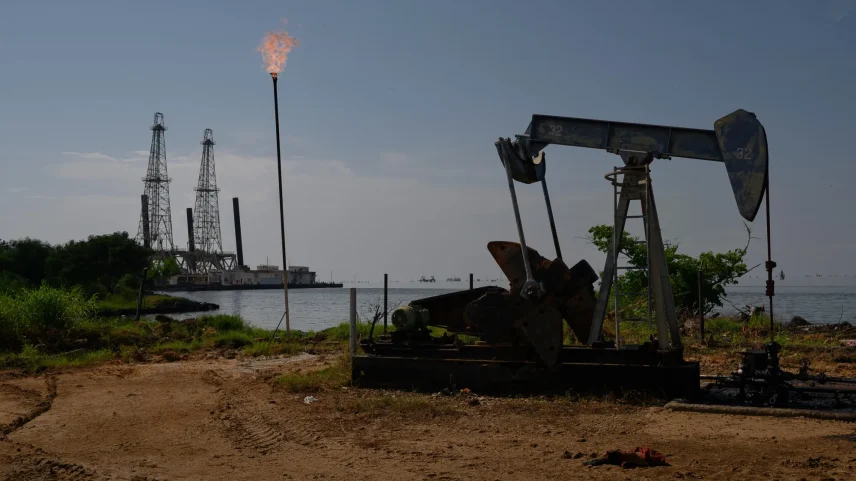 An oil pumpjack on Lake Maracaibo in Cabimas, Zulia state, Venezuela.