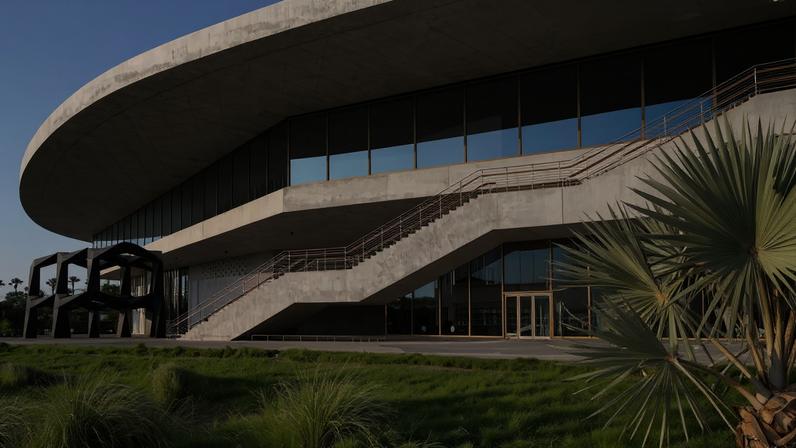 Exterior view of LACMA's new David Geffen Galleries, as seen when looking northwest from Wilshire Boulevard. At left is Tony Smith’s *Smoke* (1967).