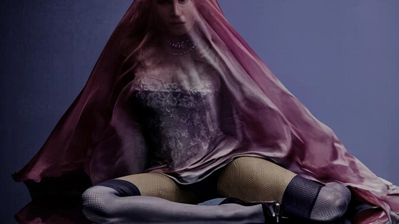 Album cover art shows Madonna doing a cross legged pose with a purple veil over her head