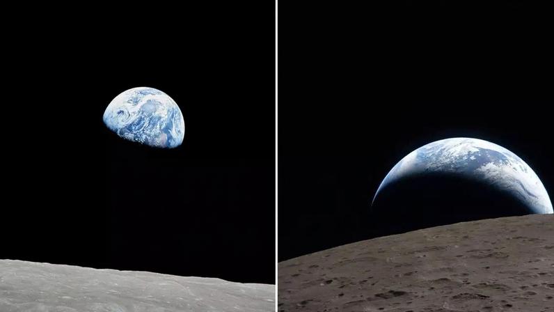 À esquerda, a foto tirada pela missão Apollo 8. À direita, a imagem fotografada pela Artemis 2