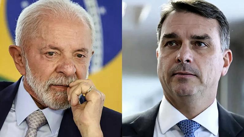 O presidente Lula, à esquerda, e o senador Flávio Bolsonaro, à direita