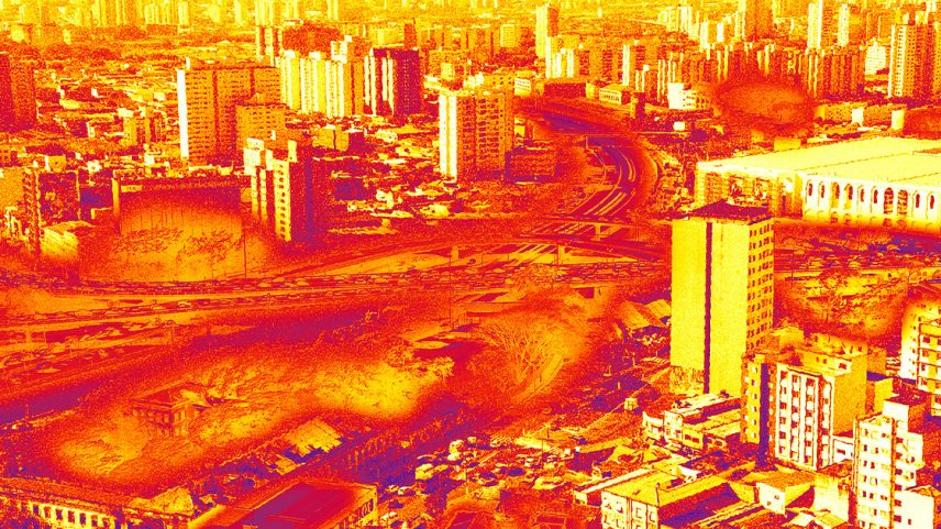 Vista aérea do Elevado Costa e Silva, na região central de São Paulo. As cores quentes representam as áreas de maior temperatura – Fotomontagem Jornal da USP com imagens de Marcos Santos/USP Imagens