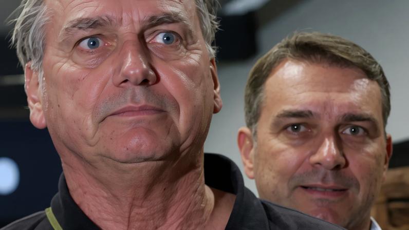 Senador Flávio Bolsonaro observa Jair Bolsonaro chegar ao Aeroporto Internacional de Brasília 25/11/2024 REUTERS/Adriano Machado