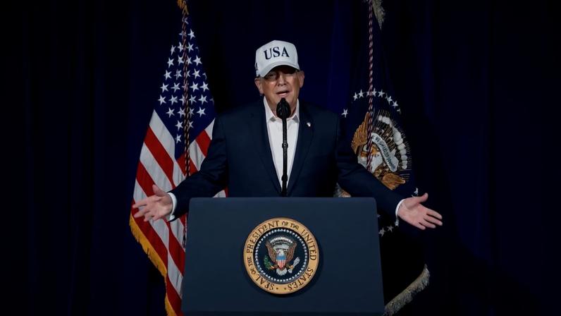 U.S. President Donald Trump speaks to announce that the U.S. had begun "