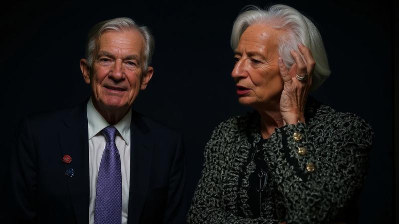O presidente do Federal Reserve dos EUA, Jerome Powell, posa com a presidente do Banco Central Europeu, Christine Lagarde, durante as Reuniões de Primavera de 2026 do FMI e do Banco Mundial, em Washington, D.C., EUA, em 17 de abril de 2026. REUTERS/Ken Cedeno