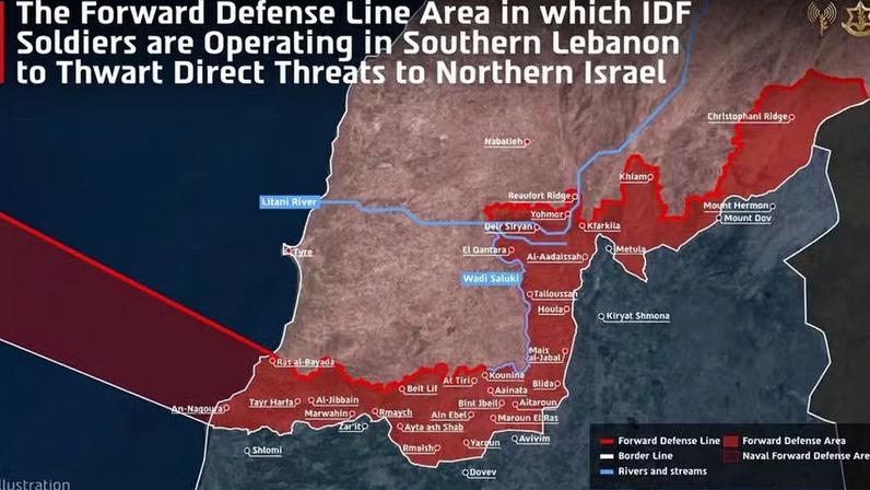 Um mapa distribuído pelo Exército israelense mostra a linha e a área (ambas marcadas com a cor vermelha) em que controlam no sul do Líbano