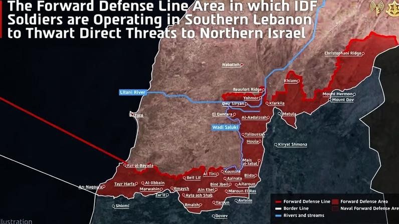Mapa mostra a região no sul do Líbano que está sob controle do Exército de Israel — Foto: Forças de Defesa de Israel /Reuters