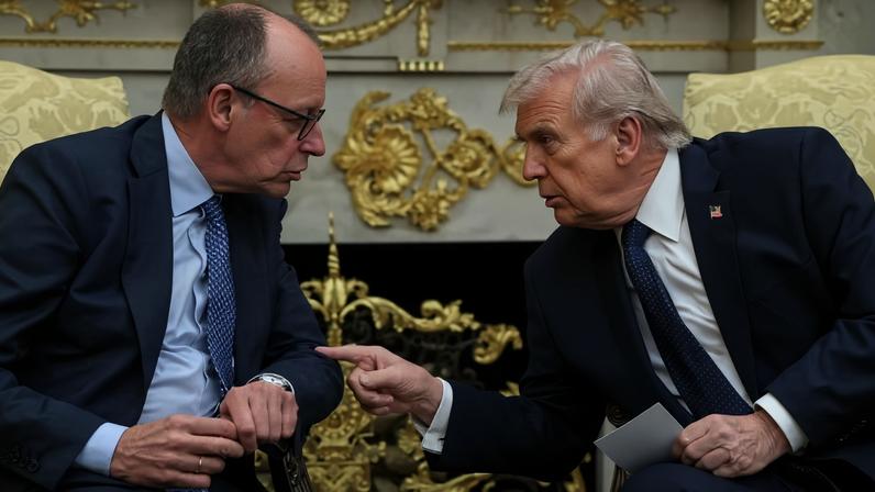 O presidente dos EUA, Trump , e o chanceler alemão, Merz, se encontram na Casa Branca, em Washington.