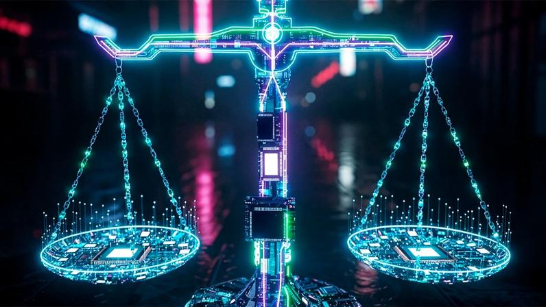 Balança de dois pratos formada por elementos tecnológicos luminosos, como circuitos e placas eletrônicas, em tons neon de azul, verde e roxo