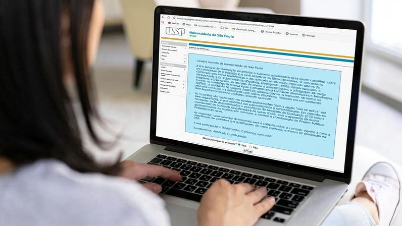 Ao acessar o Sistema Júpiter, ambiente onde são gerenciados os assuntos de Graduação da USP, estudantes e professores serão convidados a participar da avaliação – Foto: Freepik e Reprodução/Sistema JúpiterWeb