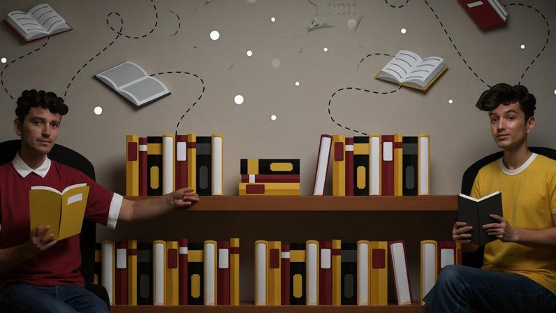 Ilustração de dois homens jovens, um branco e um negro, lendo livros. Eles estão sentados em poltronas dispostas dos dois lados de uma estante de livros.