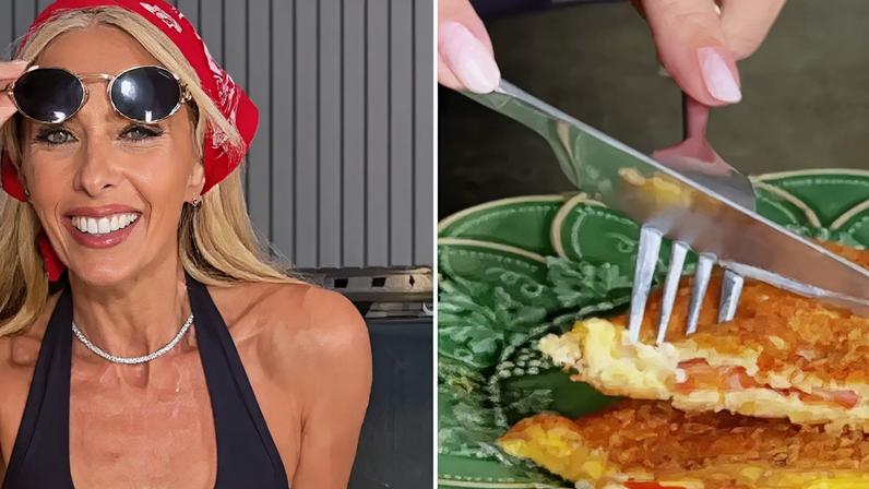 Adriane Galisteu aparece na cozinha preparando a aveioca em sua frigideira favorita.