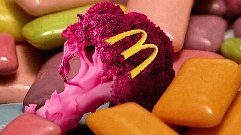 Montagem de um brócolis rosa de chiclete no meio de vários chicletes.