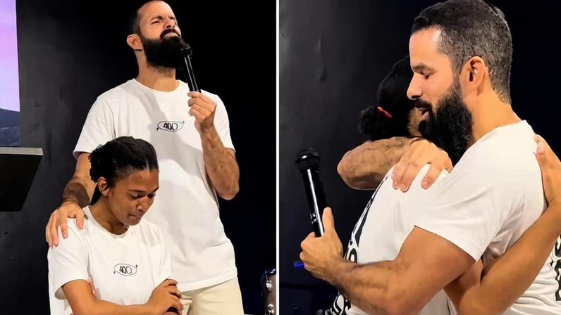 Mariana e o pastor no culto. (Foto: Reprodução/Instagram/Igreja Casa da Benção)