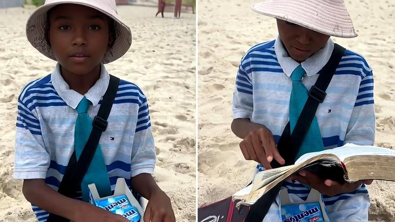 Menino de 10 anos prega na praia enquanto vende balas e emociona moradores