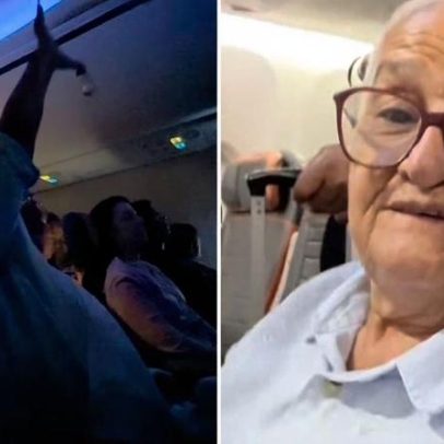 Idosa emociona ao orar com as mãos erguidas antes da decolagem